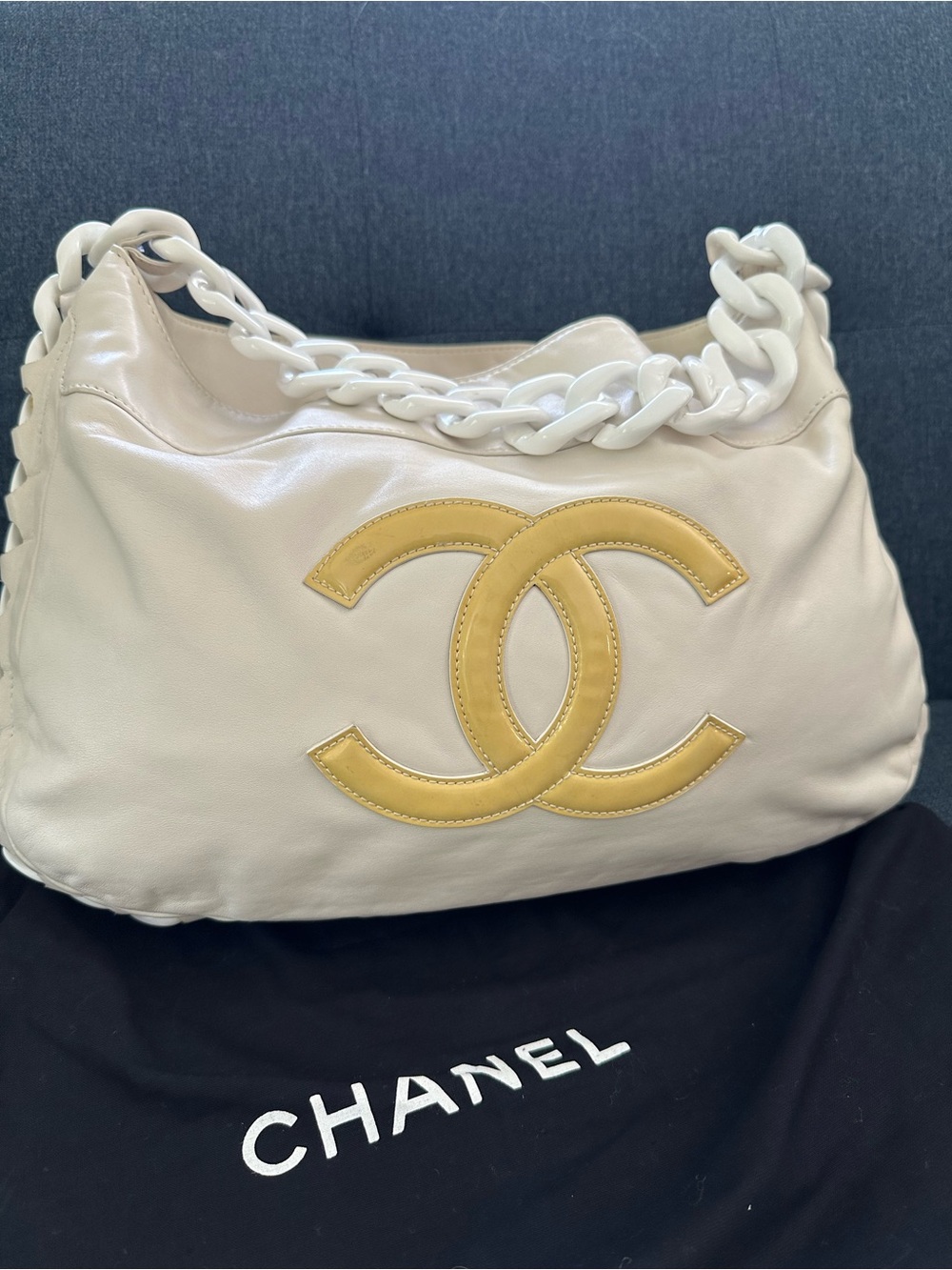 CHANEL Cream Leather Shoulder Bag with Yellow CC Logo dust bag and CoA